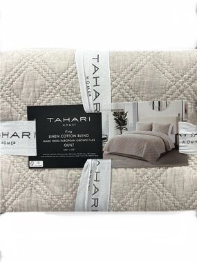 Tahari Natural King Linen Cotton Blend Quilt  European Grown Flax 106”x92”